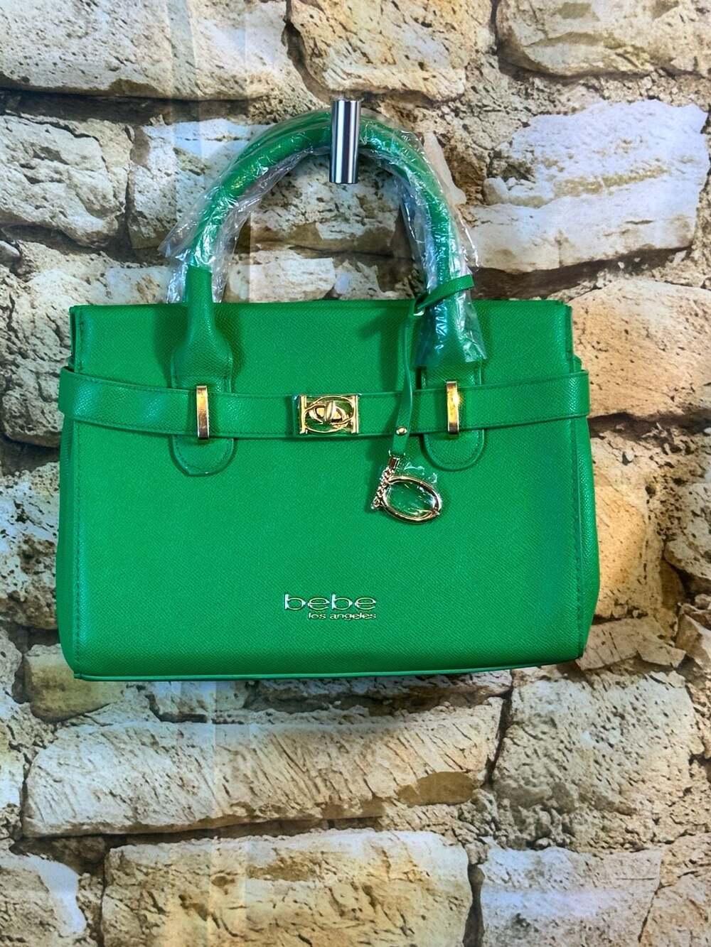 bebe Green Textured Satchel Handbag with Gold Hardware and Charm